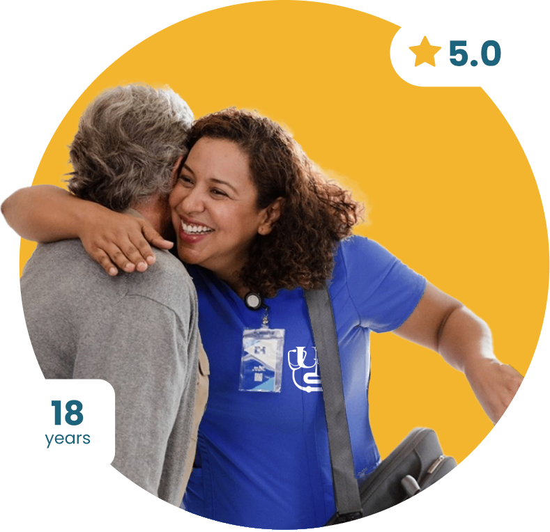 two people hugging, with badges saying 18 years and 5 star rating