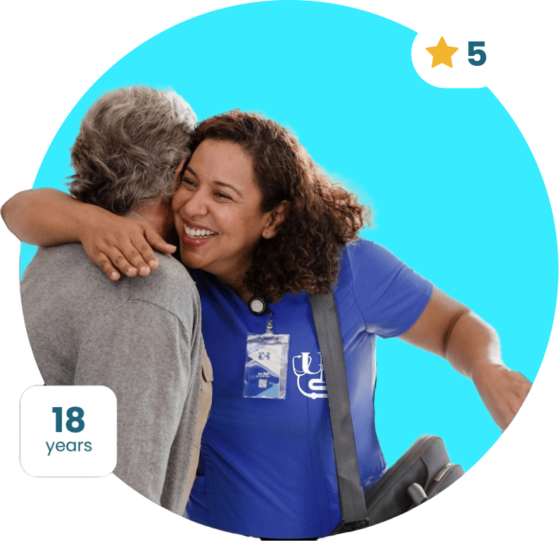 Caregiver and client embracing, with badges for 18 years of service and a 5 star rating