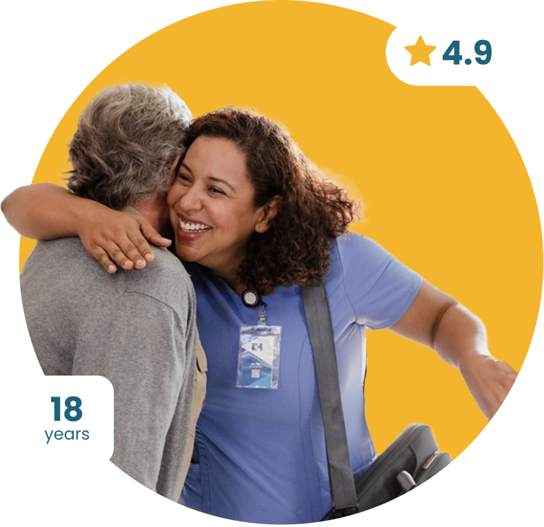 two people hugging, with badges saying 18 years and 4.9 rating